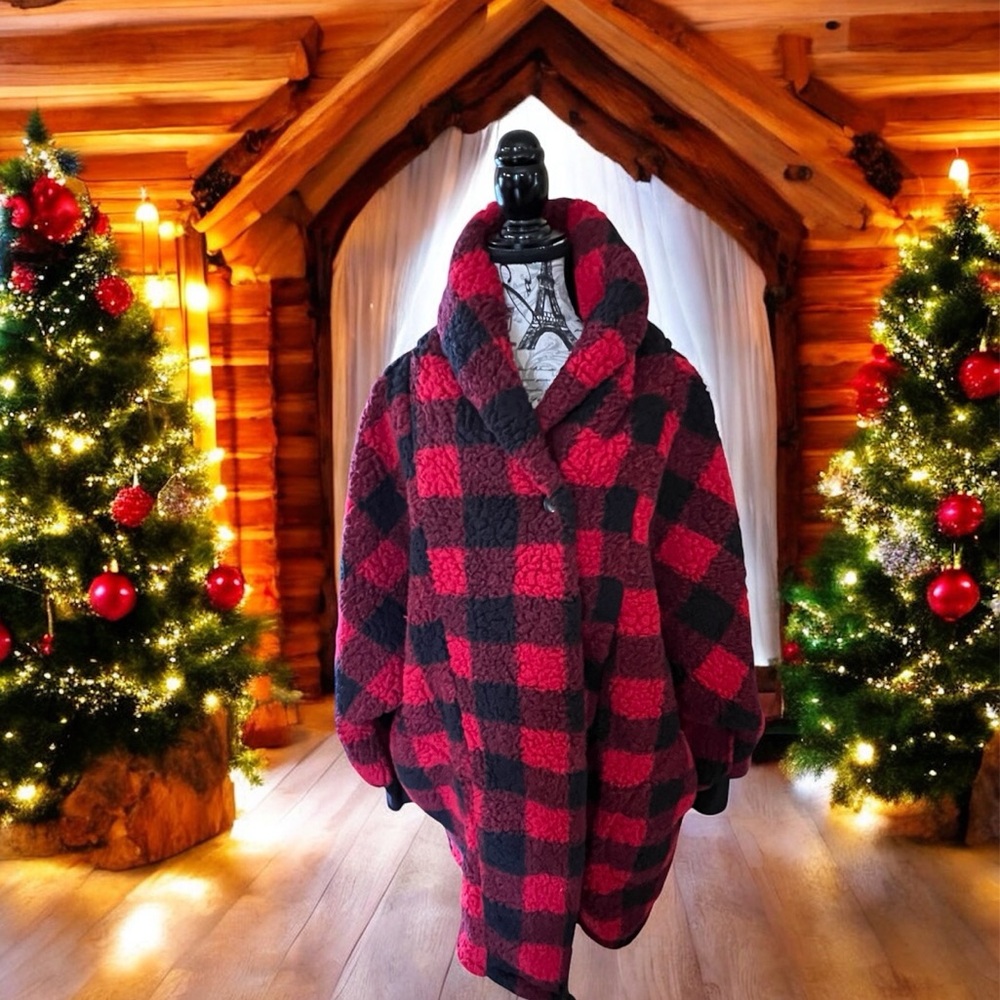 BumbleBella Red and Black Buffalo Check Sherpa Jacket